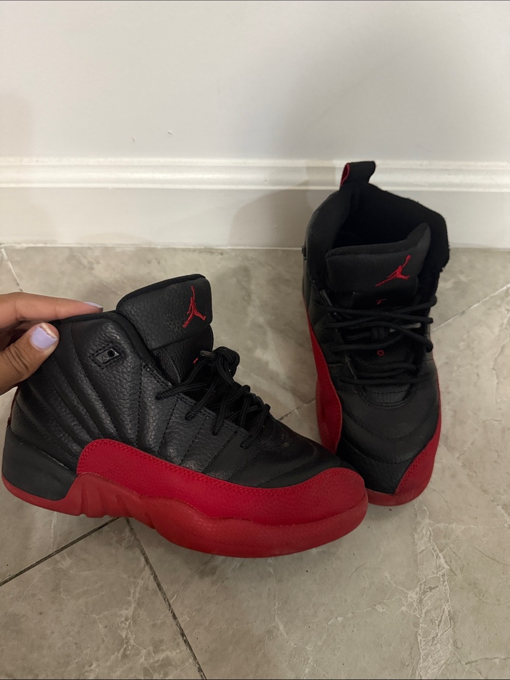 Kids Jordan 12s Black and Red High-Top Sneakers